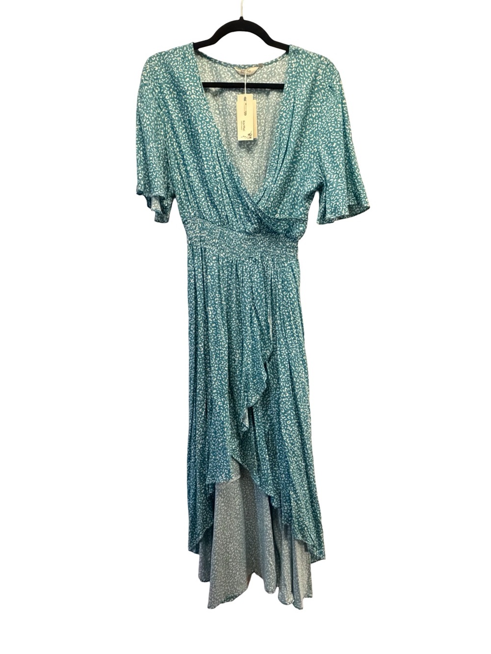 NWT Teal Floral High Low Maxi Dress Flutter Sleeve Elastic Waist Sea Foam Green